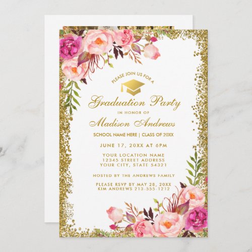 Pink Gold Glitter Grad Party Invite _ Photo Back