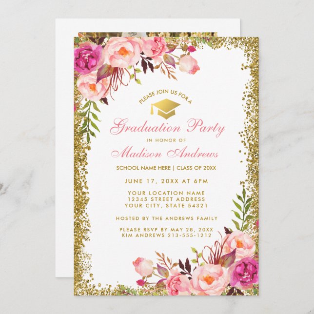 Pink Gold Glitter Grad Party Invite - Photo Back P (Front/Back)