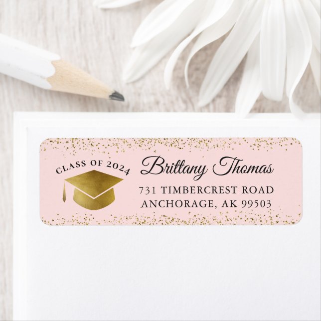 Pink Gold Glitter Graduation Party Return Address Label (Insitu)