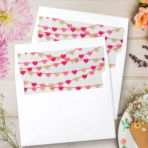 Pink  Gold Glitter Hanging Love Hearts Envelope Liner