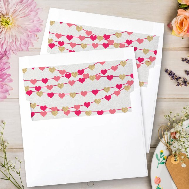 Pink & Gold Glitter Hanging Love Hearts Envelope Liner (Creator Uploaded)