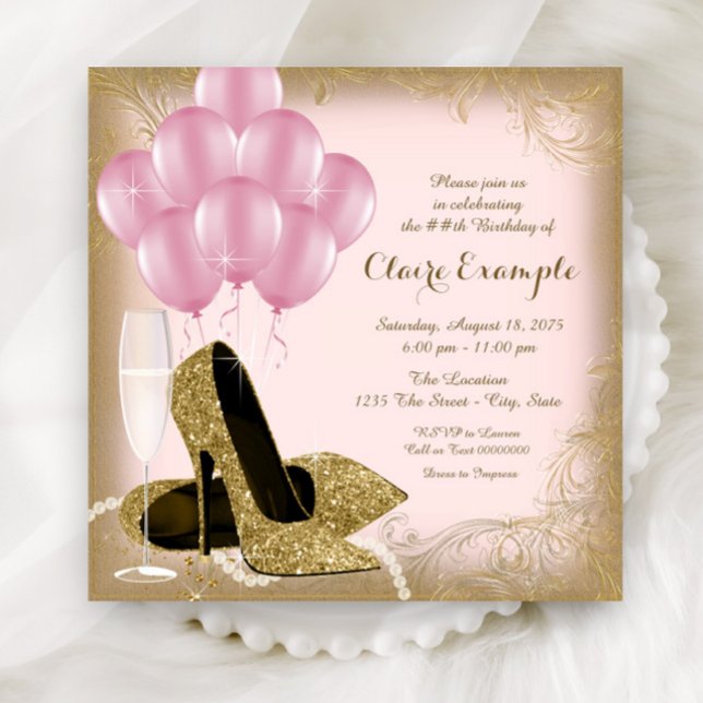 Pink Gold Glitter High Heels Birthday Invitations (Elegant pink and gold any number birthday and event invitation with gold shoes and balloons.)