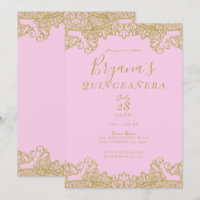 Pink & Gold Glitter Lace Elegant Quinceañera