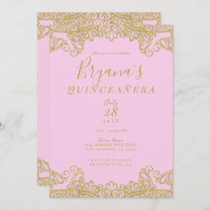 Pink & Gold Glitter Lace Elegant Quinceañera Invitation