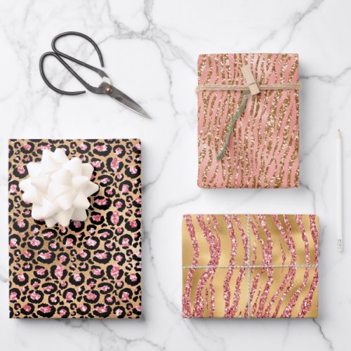 Pink Gold Glitter Leopard Animal Print Wrapping Paper Sheets