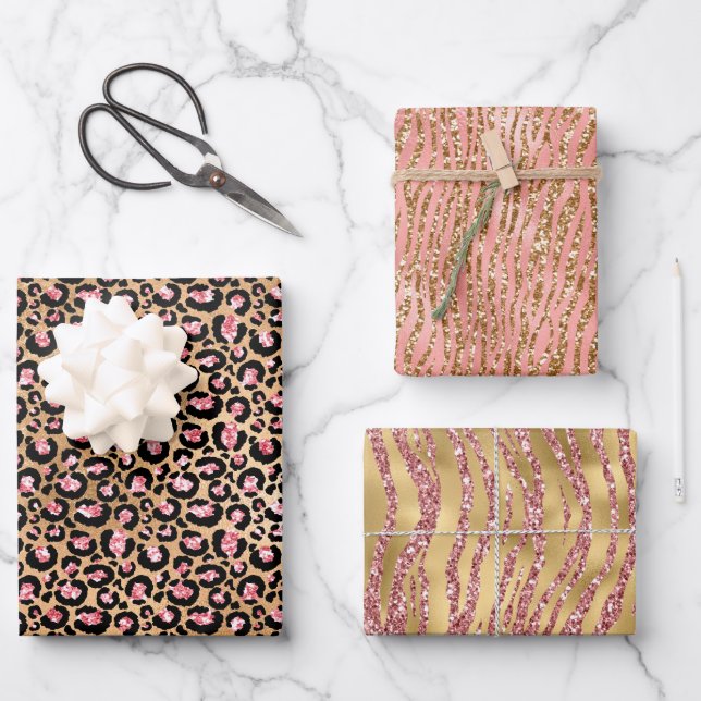 Pink Gold Glitter Leopard Animal Print Wrapping Paper Sheets (Front)