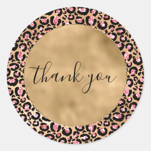 Pink Gold Glitter Leopard Animal Thank you     Classic Round Sticker