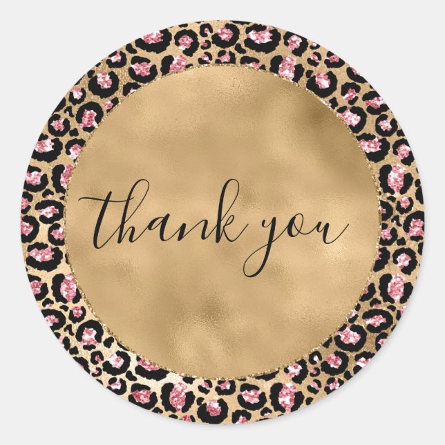 Pink Gold Glitter Leopard Animal Thank you     Classic Round Sticker (Front)