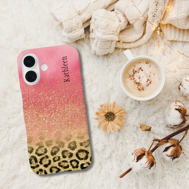 Pink Gold Glitter Leopard Print Monogrammed Name Case-Mate iPhone Case (Pink gold glitter leopard print monogrammed name initials iPhone case. Available in all current size)