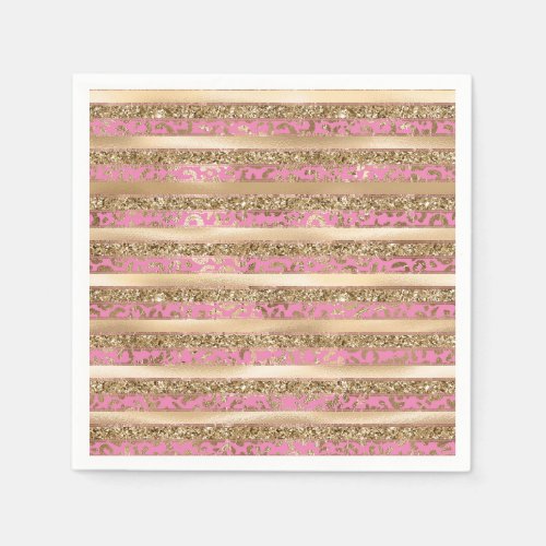 Pink Gold Glitter Leopard Print Stripes Napkins