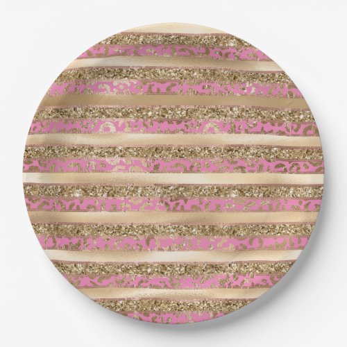 Pink Gold Glitter Leopard Print Stripes Paper Plates