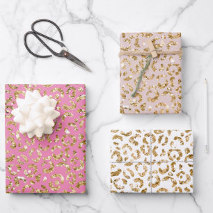 Pink Gold Glitter Leopard Print Wrapping Paper Sheets