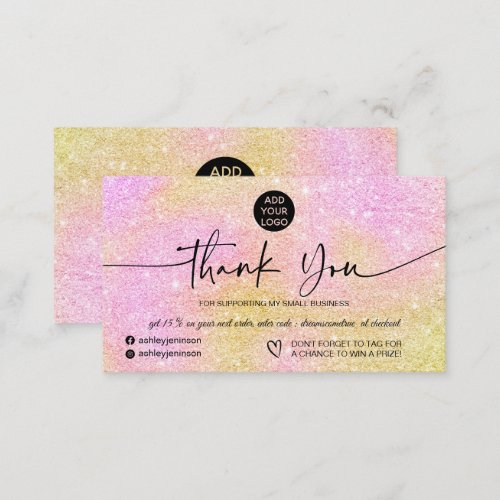Pink gold glitter logo order thank you business card