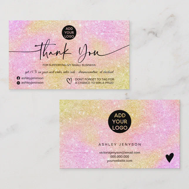 Pink gold glitter logo order thank you business card | Zazzle