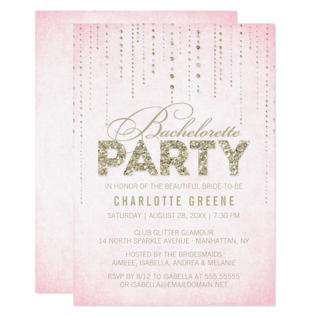 Pink & Gold Glitter Look Bachelorette Party Invitation