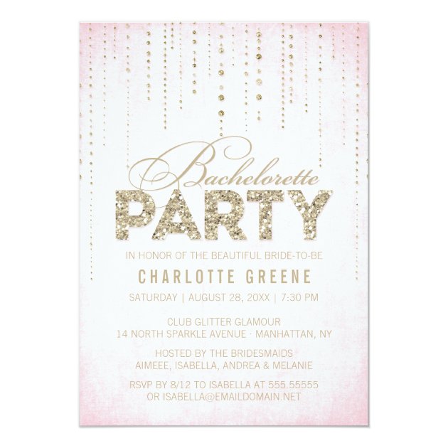 Pink & Gold Glitter Look Bachelorette Party Invitation