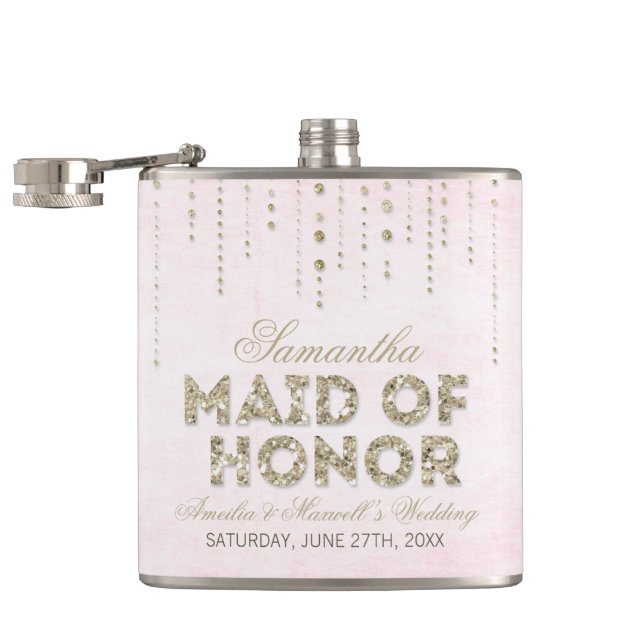 Pink & Gold Glitter Look Maid of Honor Flask (Opened)