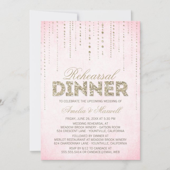 Pink & Gold Glitter Look Rehearsal Dinner Invite (Front)