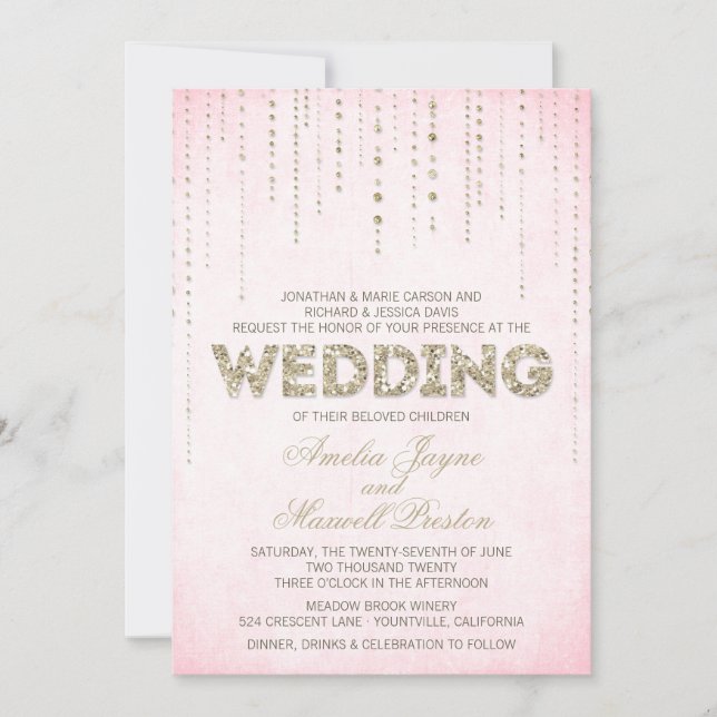 Pink & Gold Glitter Look Wedding Invitation (Front)