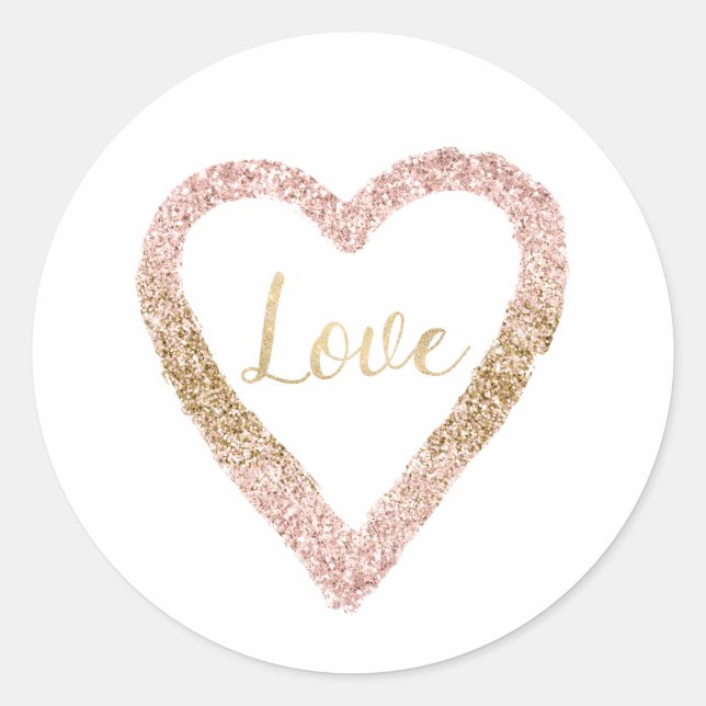Pink Gold Glitter Love Heart Classic Round Sticker (Front)
