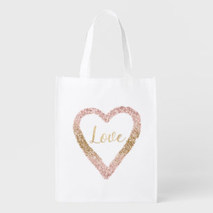 Pink Gold Glitter Love Heart Grocery Bag