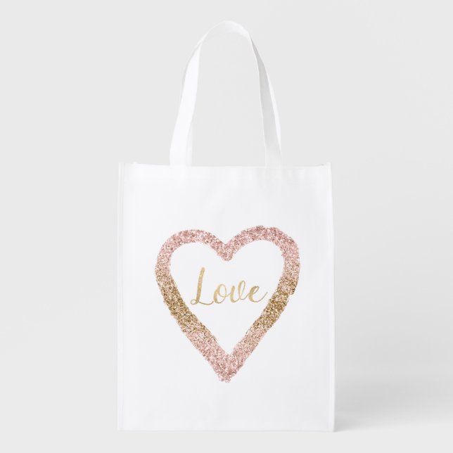 Pink Gold Glitter Love Heart Grocery Bag (Front)