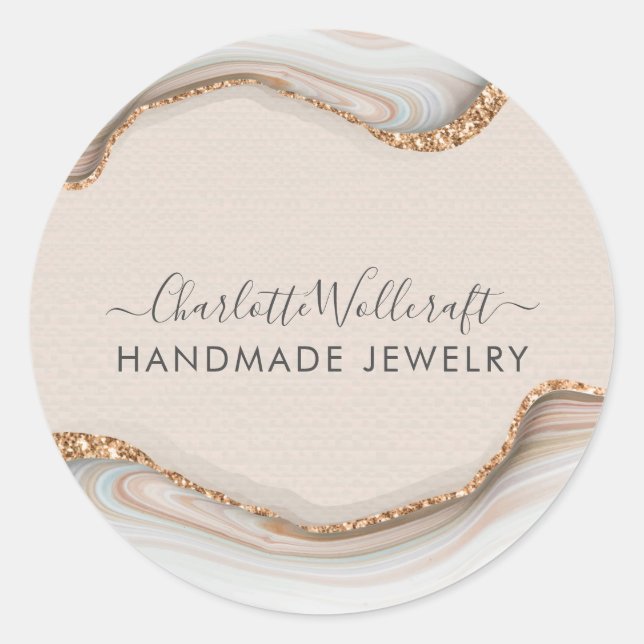 Pink Gold Glitter Marble Agate Handmade Jewelry Classic Round Sticker (Front)