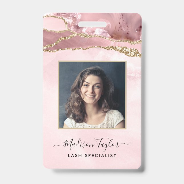 Pink Gold Glitter Marble Agate Logo Business ID Badge (Front)
