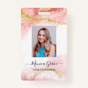 Pink Gold Glitter Marble Agate Logo Business ID Badge