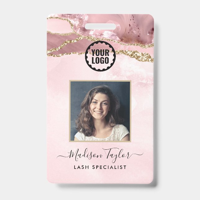 Pink Gold Glitter Marble Agate Photo Business Logo Badge (Front)