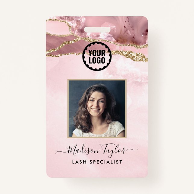 Pink Gold Glitter Marble Agate Photo Business Logo Badge (Front)