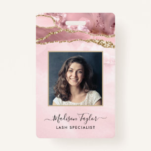 Pink Gold Glitter Marble Agate Salon Business ID Badge