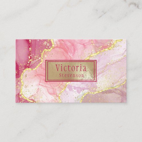 Pink Gold Glitter Marble Geode Monogram Agate Business Card
