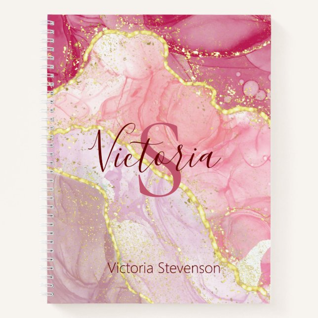 Pink Gold Glitter Marble Geode Monogram Notebook (Front)