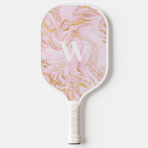 Pink Gold Glitter Marble Monogram Pickleball Paddle