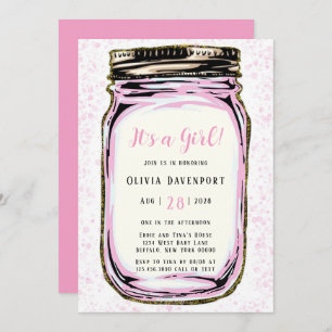 Pink Gold Glitter Mason Jar Girl Baby Shower Invitation