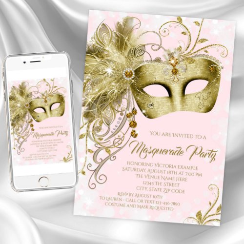 Pink Gold Glitter Masquerade Party Invitation