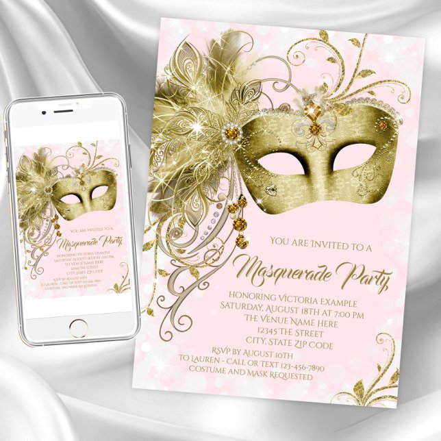 Pink Gold Glitter Masquerade Party Invitation (Pink gold masquerade party invitation. Instant download and printed invitations available. )