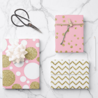 Pink & Gold Glitter Matching Patterns Wrapping Paper Sheets