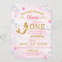 Pink & Gold Glitter Mermaid 1st Birthday Invitation