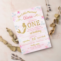 Pink & Gold Glitter Mermaid 1st Birthday Invitation