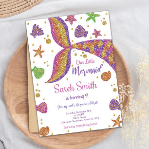 Pink Gold Glitter Mermaid Tail Birthday Invitation