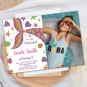 Pink Gold Glitter Mermaid Tail Birthday w Photo Invitation