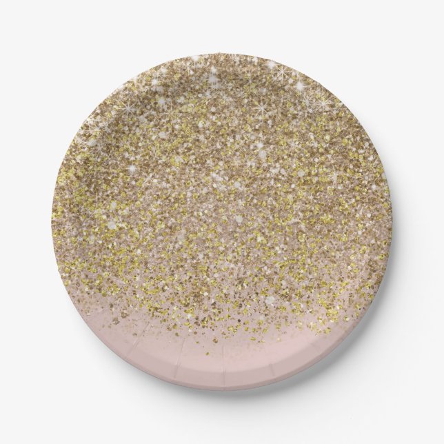 Pink & Gold Glitter Modern Trendy Glam Chic Party Paper Plates (Front)