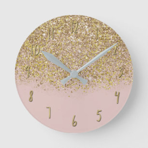 Pink & Gold Glitter Modern Trendy Glam Chic Round Clock