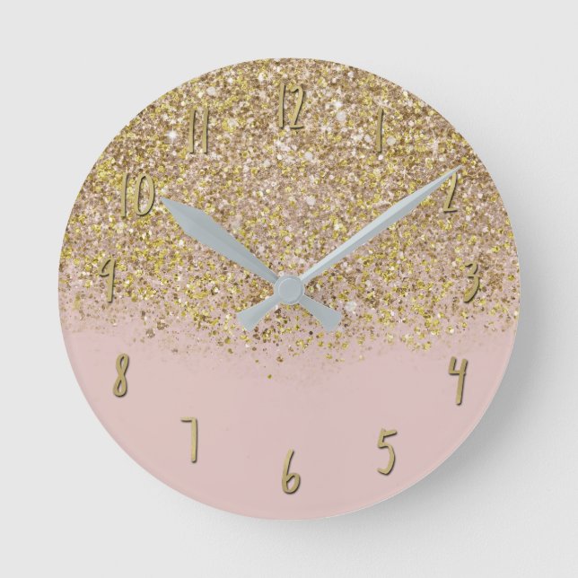 Pink & Gold Glitter Modern Trendy Glam Chic Round Clock (Front)