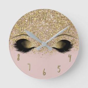 Pink & Gold Glitter Modern Trendy Glam Eyelashes Round Clock