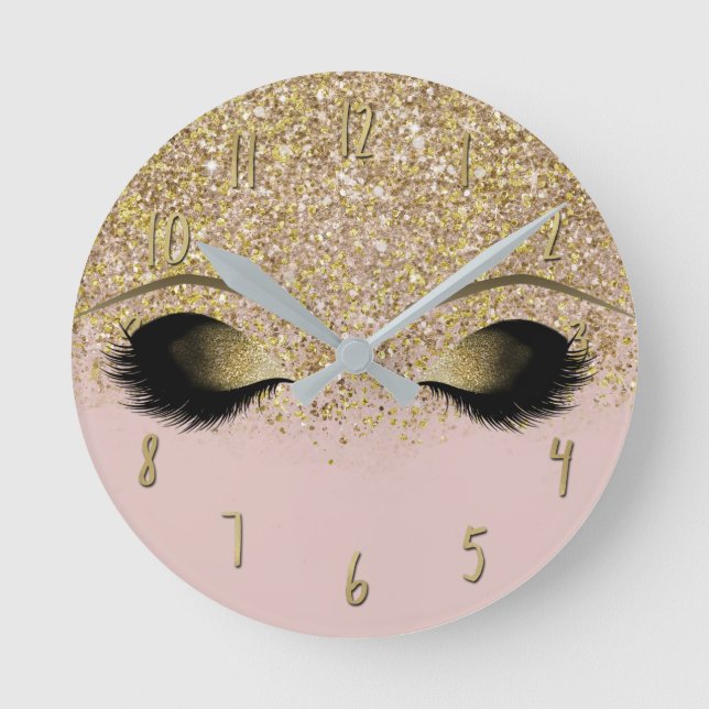 Pink & Gold Glitter Modern Trendy Glam Eyelashes Round Clock (Front)