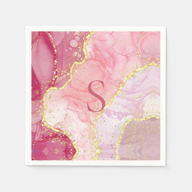 Pink Gold Glitter Monogram Marble Geode Napkins (Front)