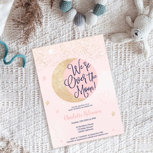 Pink gold glitter over the moon girl baby shower  invitation